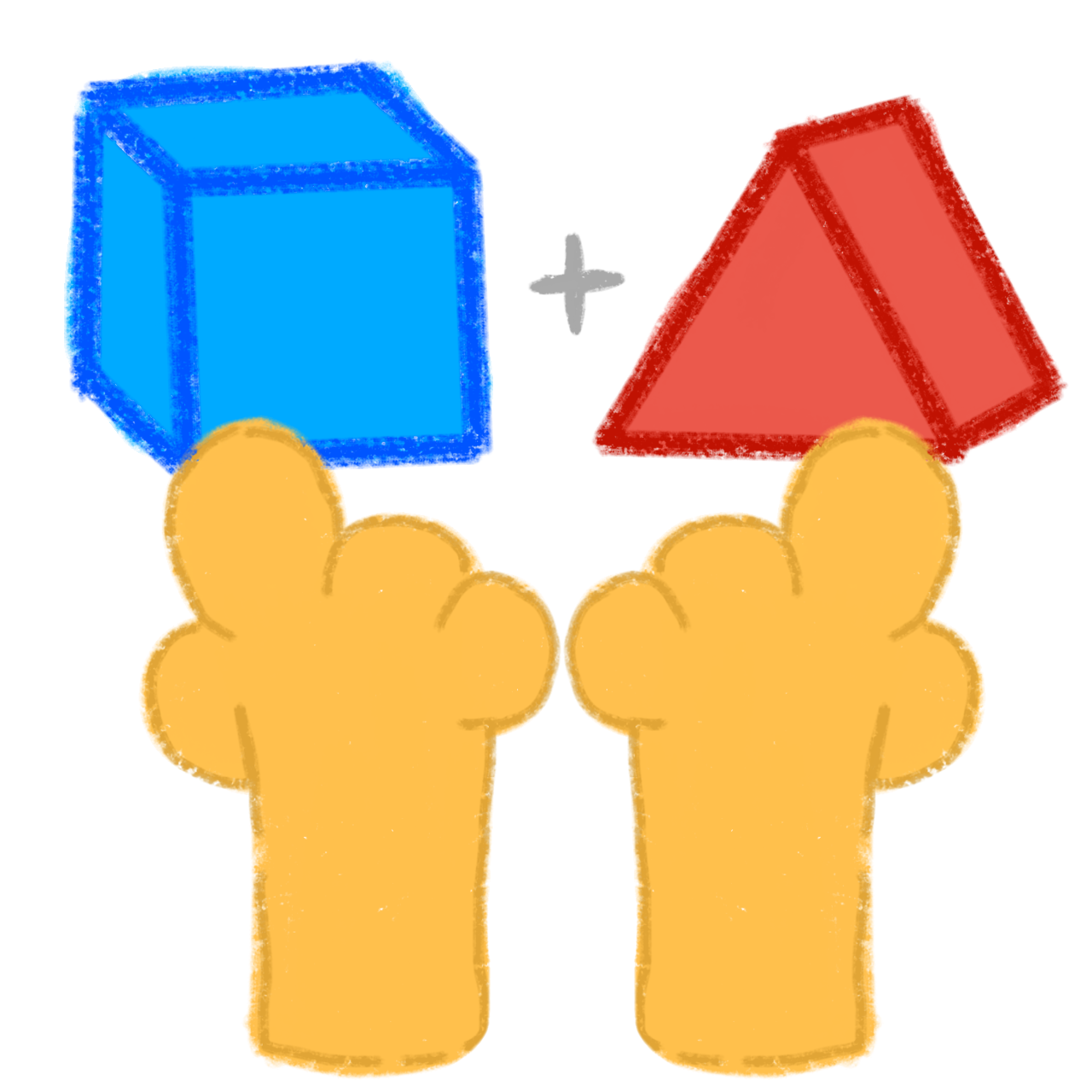 two yellow paws pointing upwards, above them is a blue box a white plus sign and a red triangle.